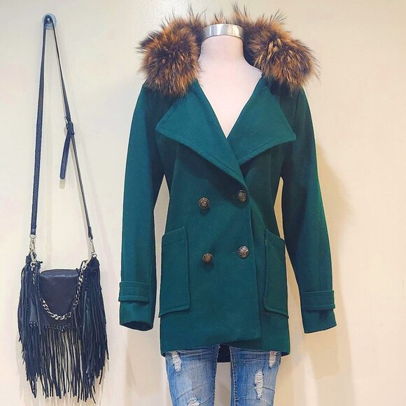 💋BOHO CHIC💋 GORGEOUS VTG WOOL COAT WITH FOX FUR COLLAR in BOTTLE GREEN - Picture 1 of 13